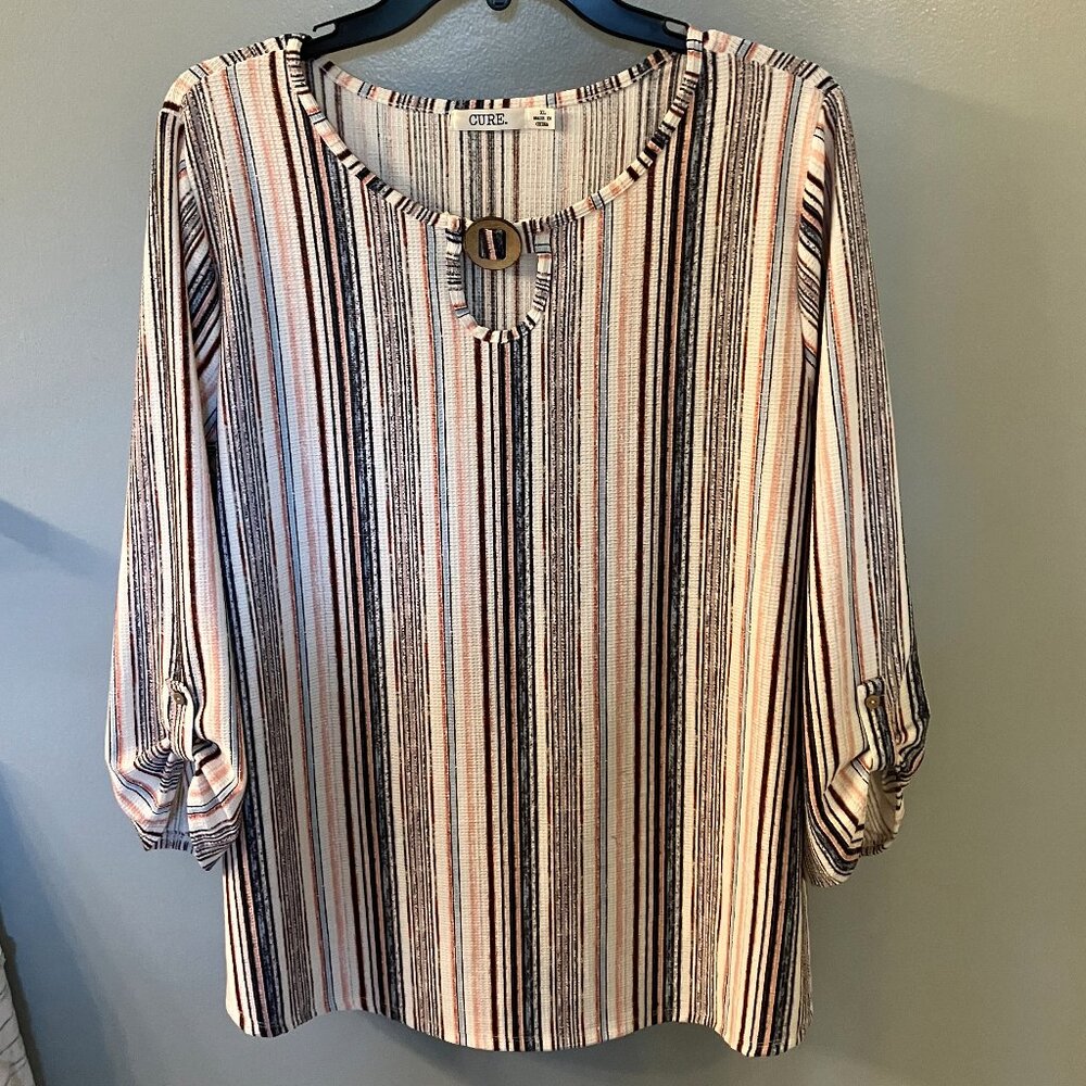 NWOT Cure Striped Keyhole Blouse Button Cuff Long Sleeve Multicolor XL